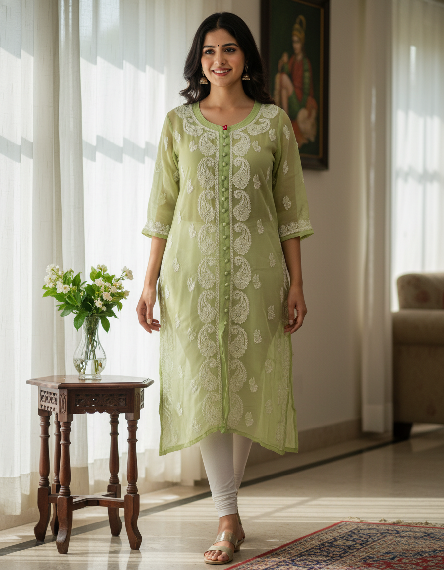 Women's Chiffon Hand Embroidered Chikankari Straight front slit kurta - Green