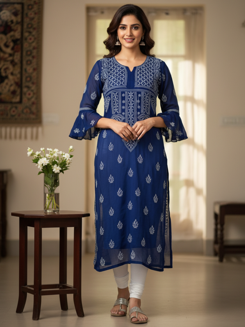 Women's Chiffon Hand Embroidered Chikankari straight kurta - Blue