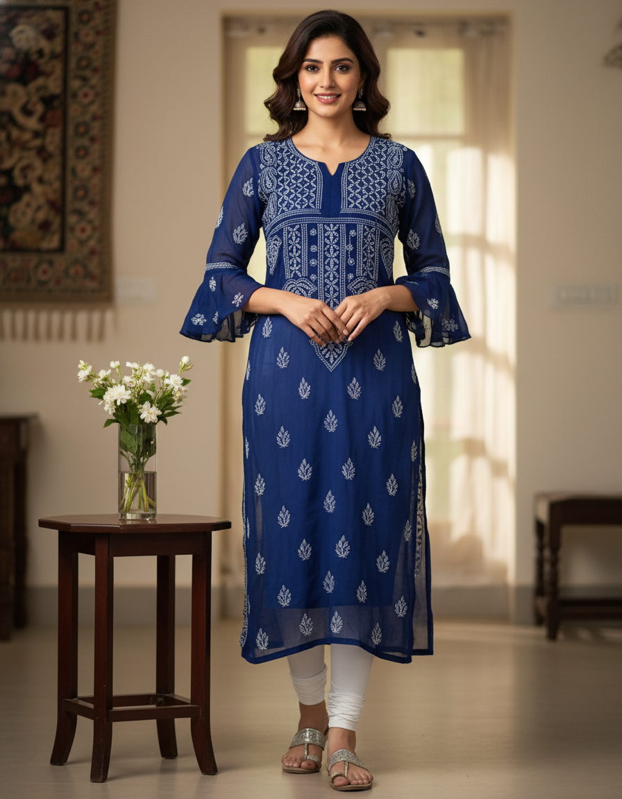 Women's Chiffon Hand Embroidered Chikankari straight kurta - Blue