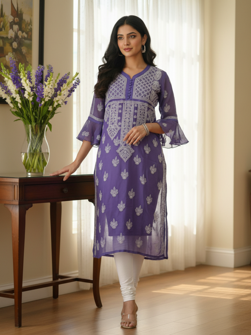 Women's Chiffon Hand Embroidered Chikankari straight kurta - Purple