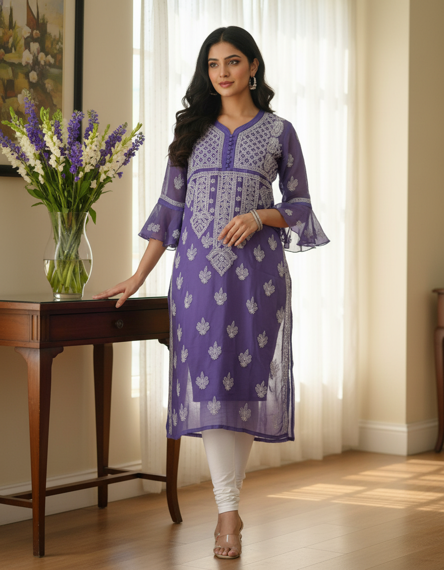Women's Chiffon Hand Embroidered Chikankari straight kurta - Purple