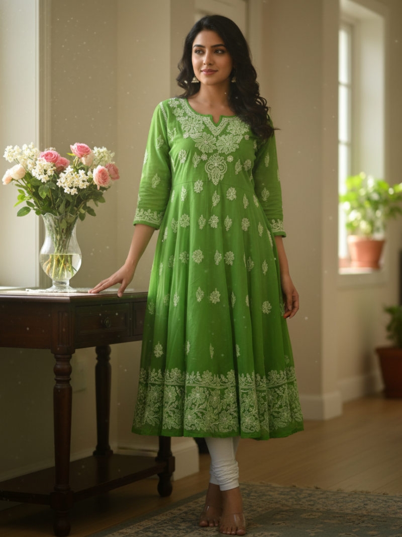 Women's Chiffon Hand Embroidered Chikankari A-line kurta - Green