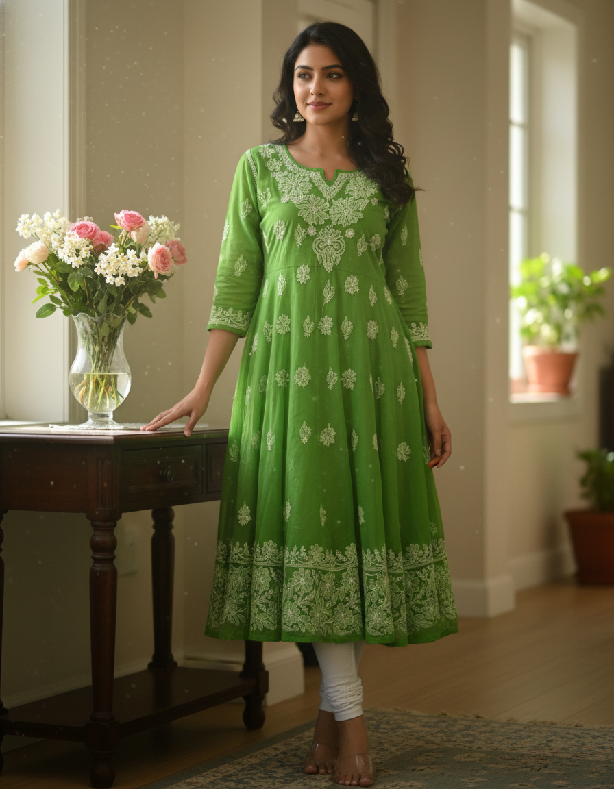 Women's Chiffon Hand Embroidered Chikankari A-line kurta - Green