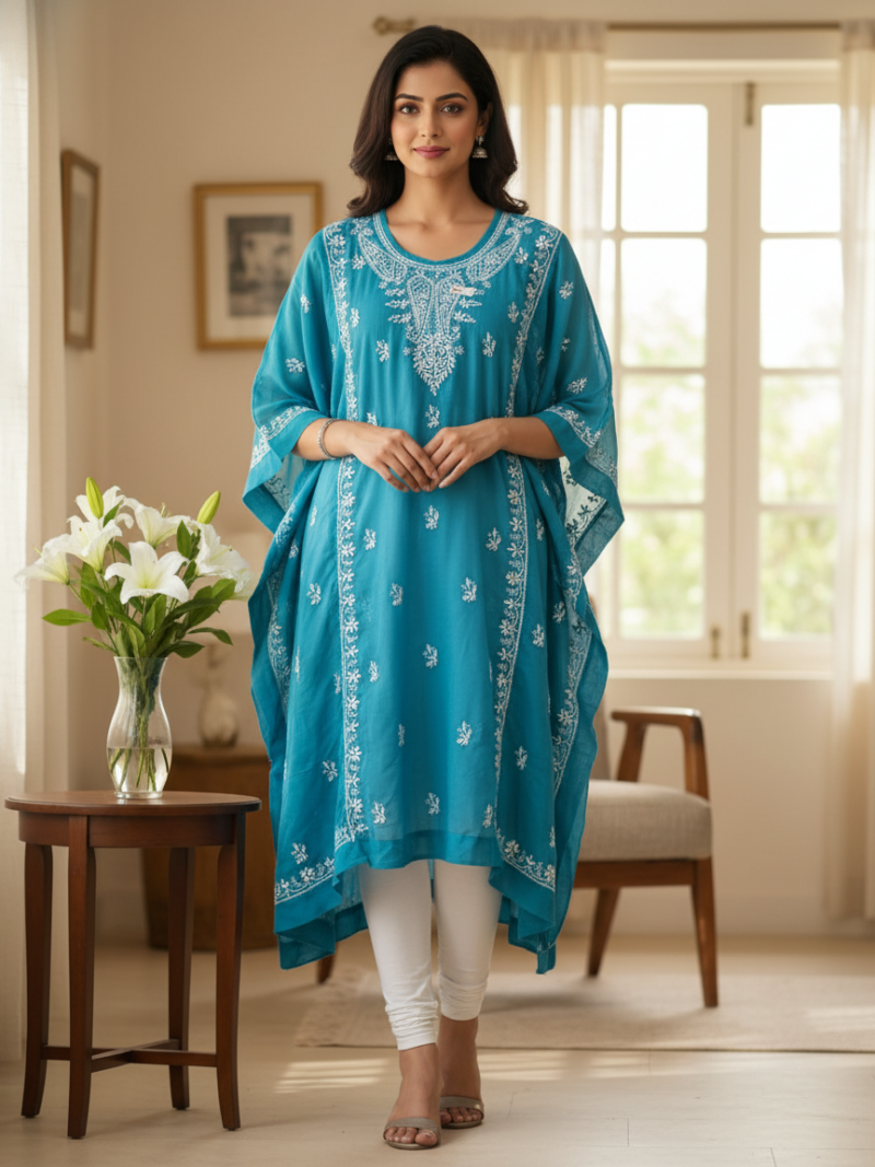 Women's Chiffon Hand Embroidered Chikankari kaftan - Blue