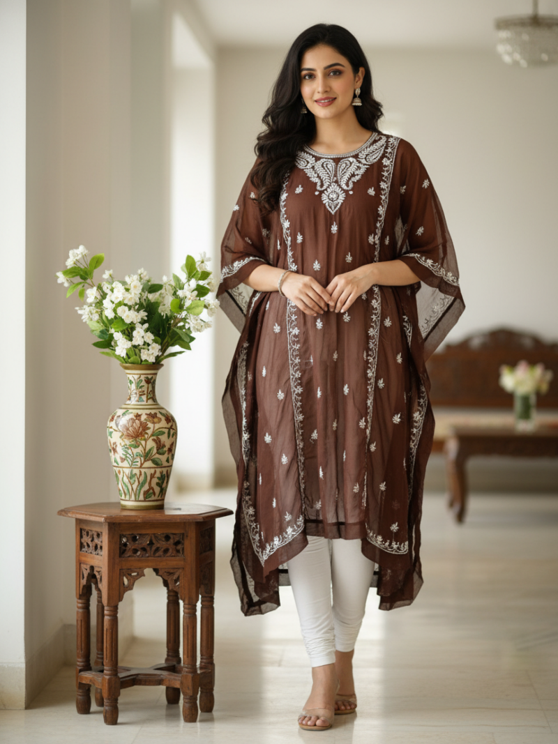 Women's Chiffon Hand Embroidered Chikankari kaftan - Brown