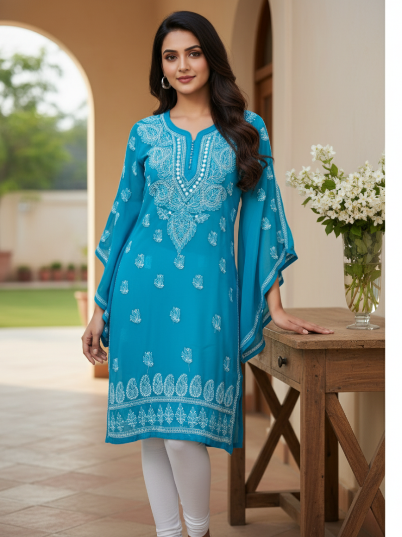 Women's Chiffon Hand Embroidered Chikankari straight kurta - Blue