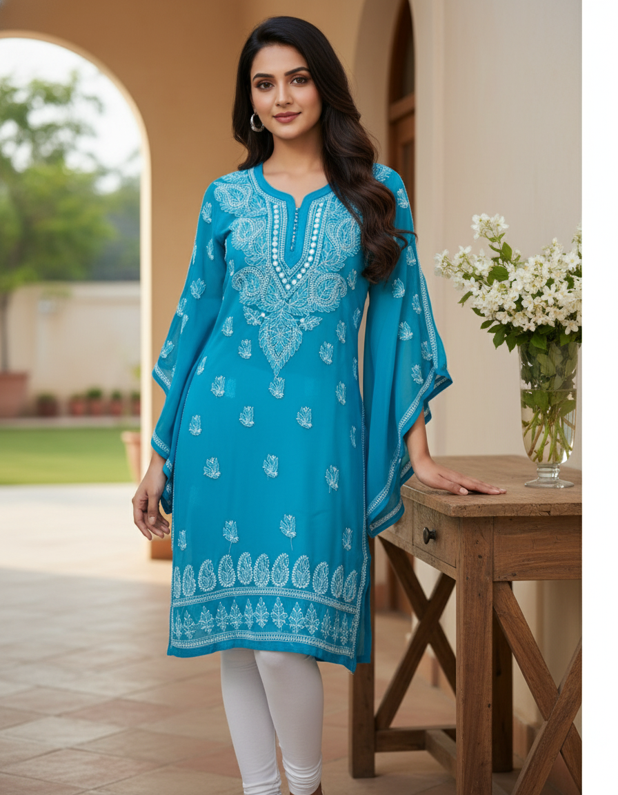 Women's Chiffon Hand Embroidered Chikankari straight kurta - Blue