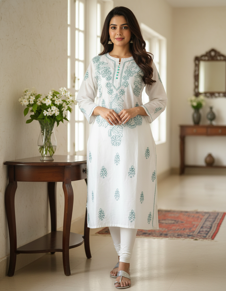 Women's Cotton Hand Embroidered Chikankari Straight Kurta - White - Image 3