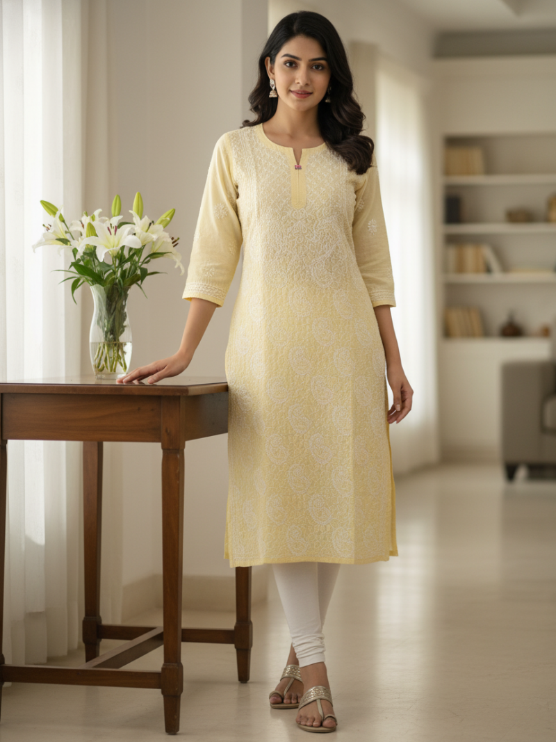 Women's Cotton Hand Embroidered Chikankari Straight Kurta - Yellow