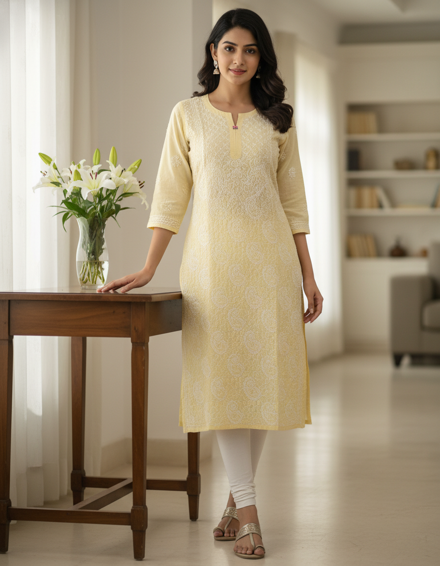 Women's Cotton Hand Embroidered Chikankari Straight Kurta - Yellow