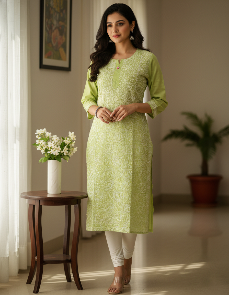 Women's Cotton Hand Embroidered Chikankari Straight Kurta - Green