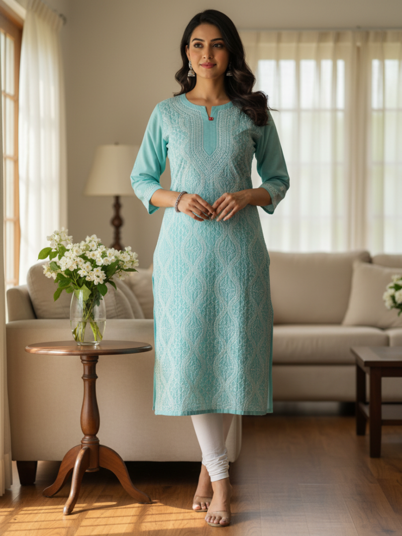 Women's Cotton Hand Embroidered Chikankari Straight Kurta - Mint Green