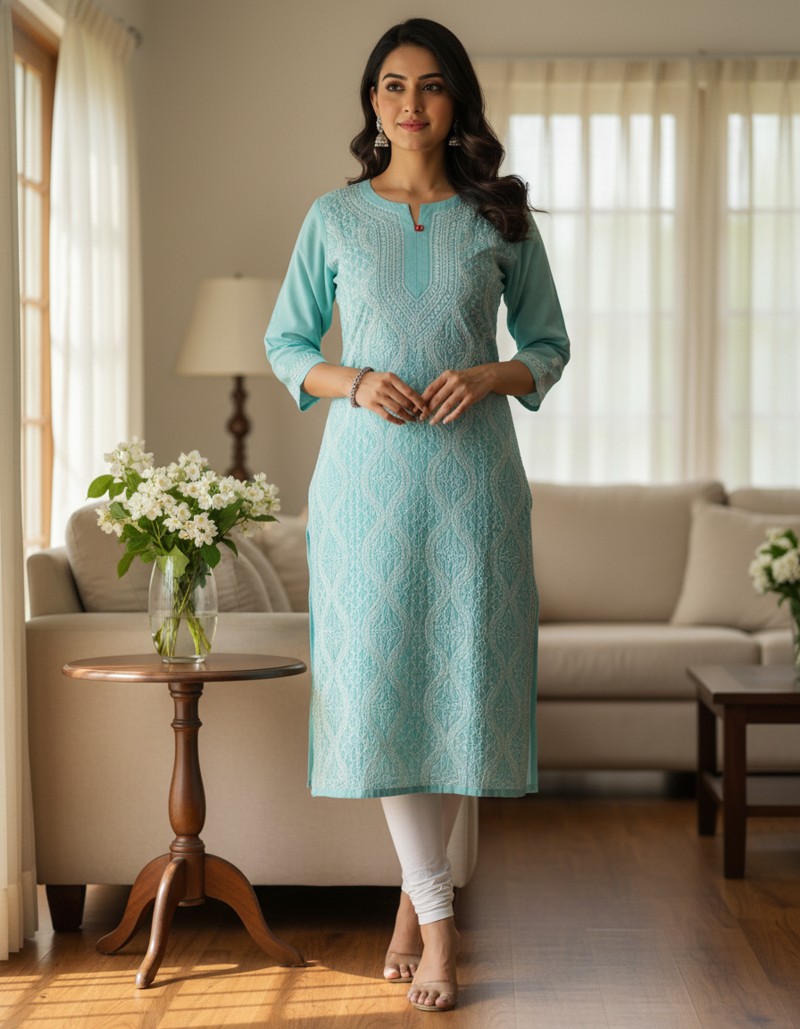 Women's Cotton Hand Embroidered Chikankari Straight Kurta - Mint Green