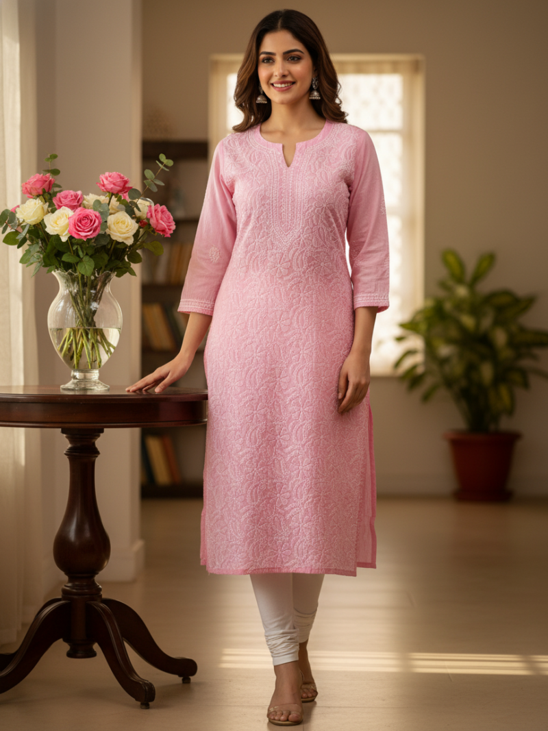 Women's Cotton Hand Embroidered Chikankari Straight Kurta - Pink