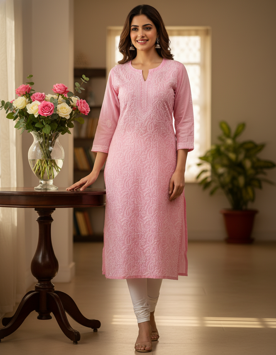 Women's Cotton Hand Embroidered Chikankari Straight Kurta - Pink