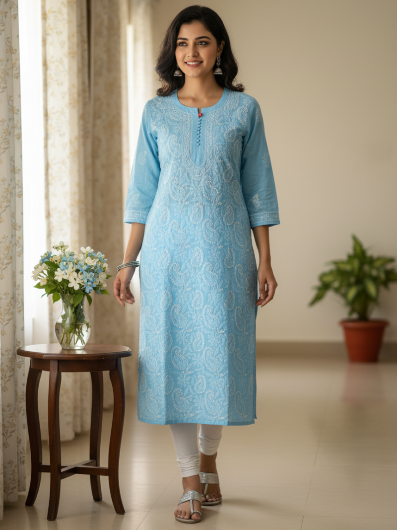Women's Cotton Hand Embroidered Chikankari Straight Kurta - Blue