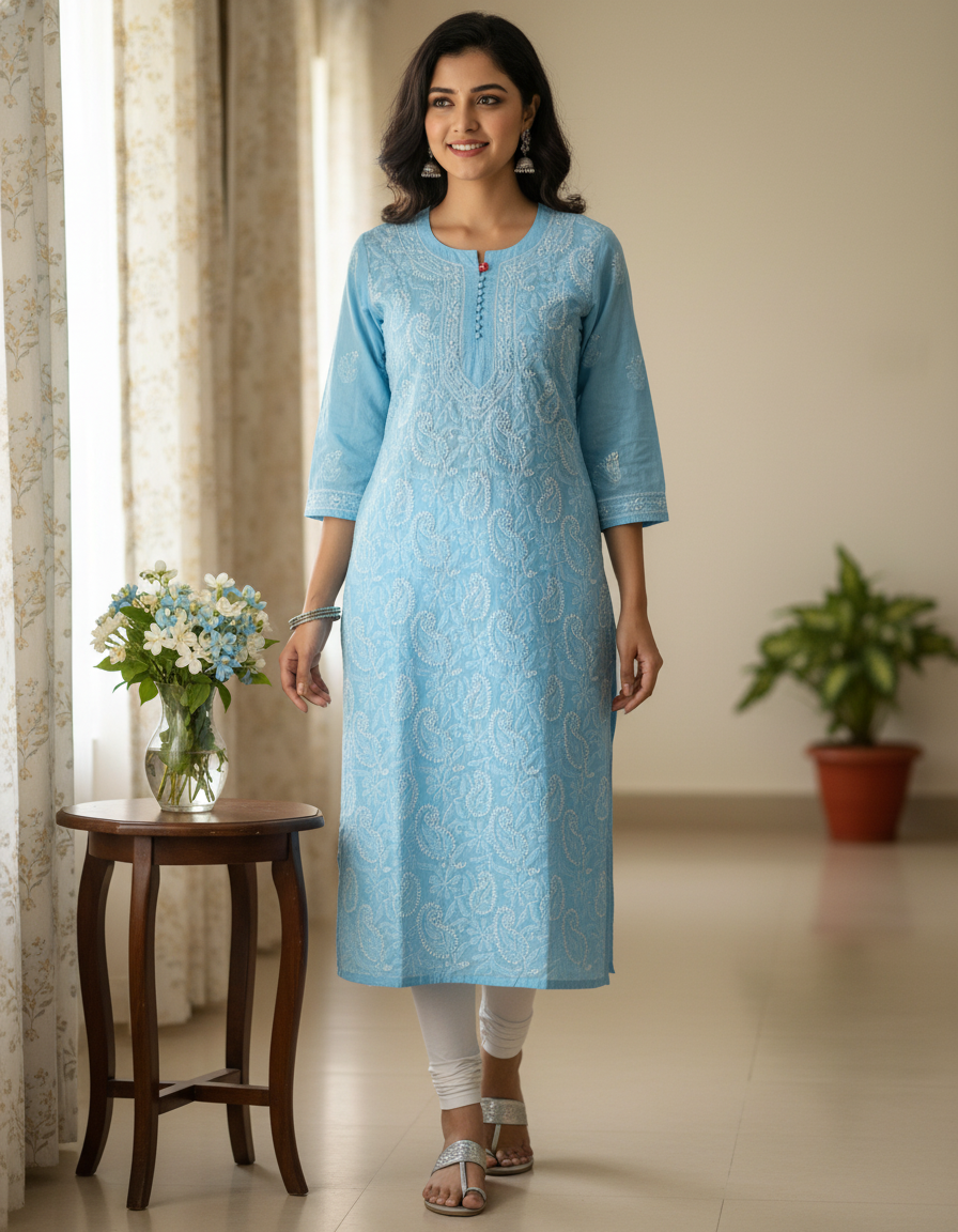Women's Cotton Hand Embroidered Chikankari Straight Kurta - Blue