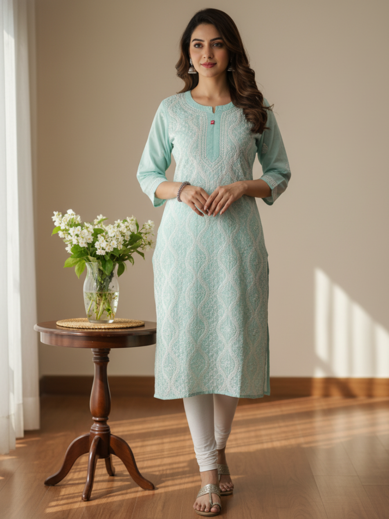 Women's Cotton Hand Embroidered Chikankari Straight Kurta - Green