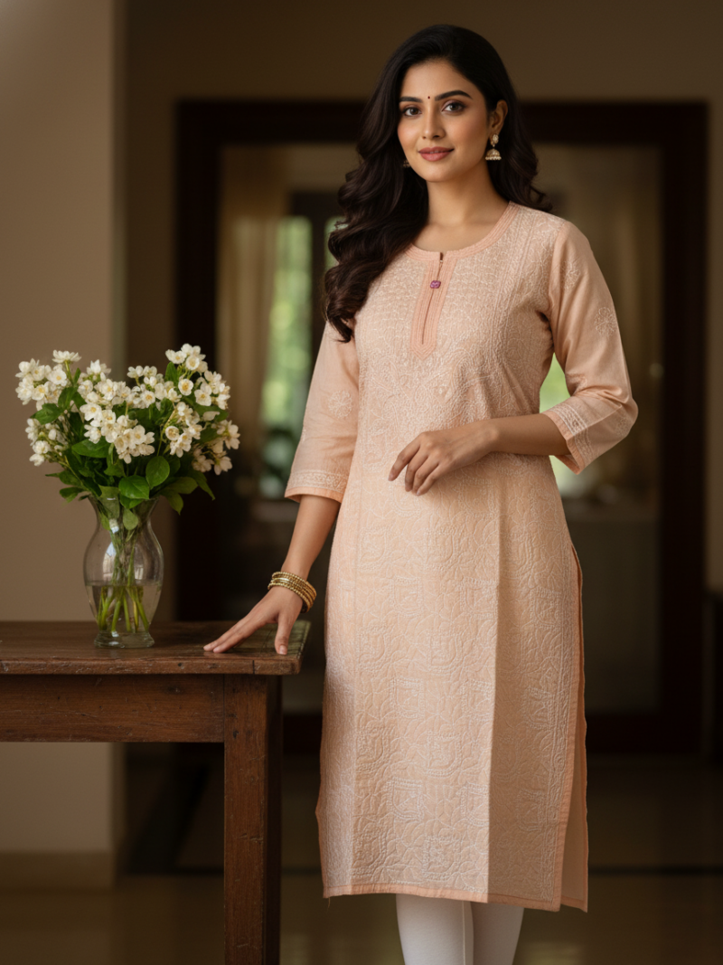 Women's Cotton Hand Embroidered Chikankari Straight Kurta - Orange