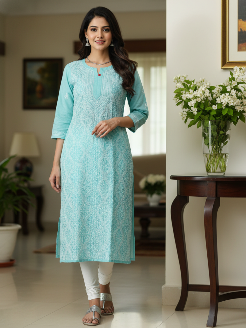 Women's Cotton Hand Embroidered Chikankari Straight Kurta - Green