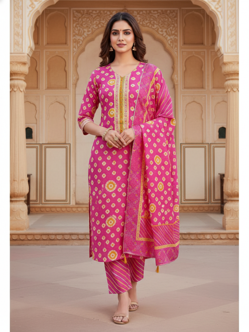Pure Cotton Tie and Dye printed women's dress material with pure cotton dupatta - Pink (Unstitched)