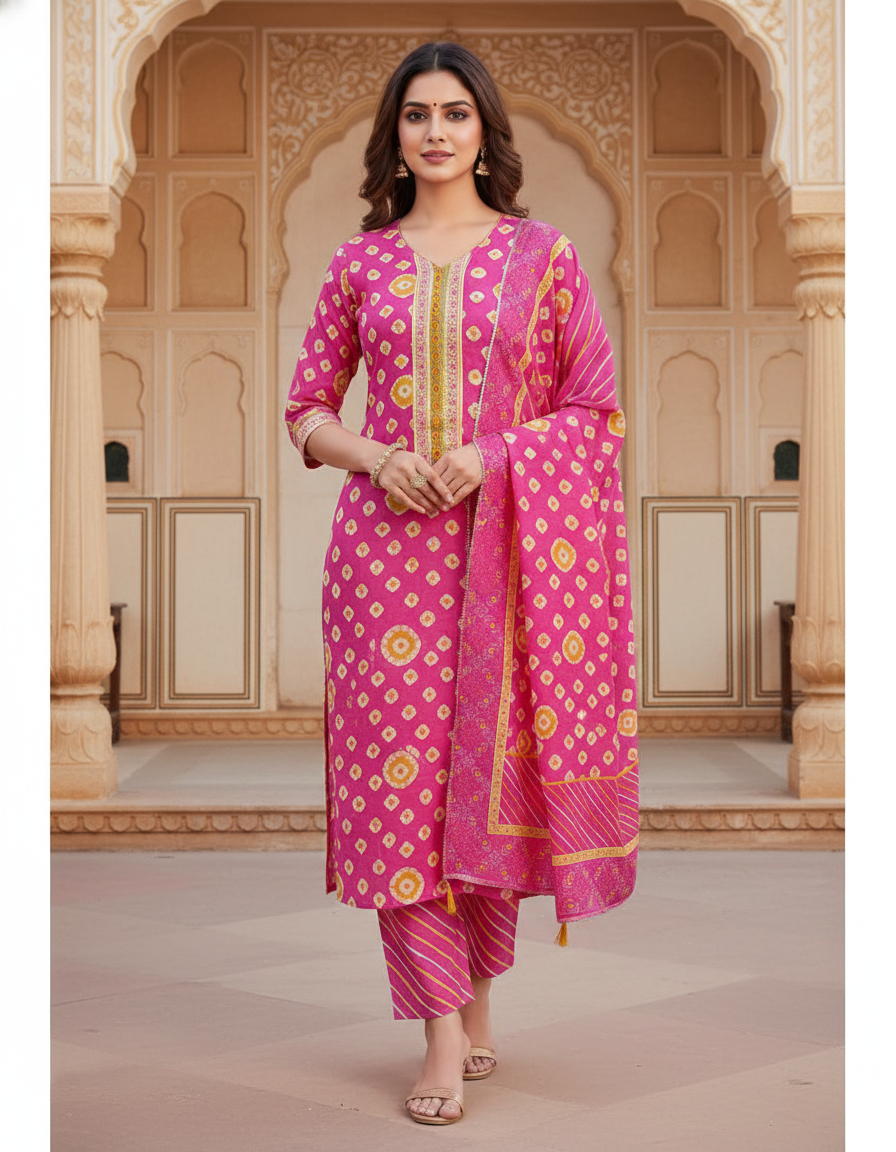 Pure Cotton Tie and Dye printed women's dress material with pure cotton dupatta - Pink (Unstitched)