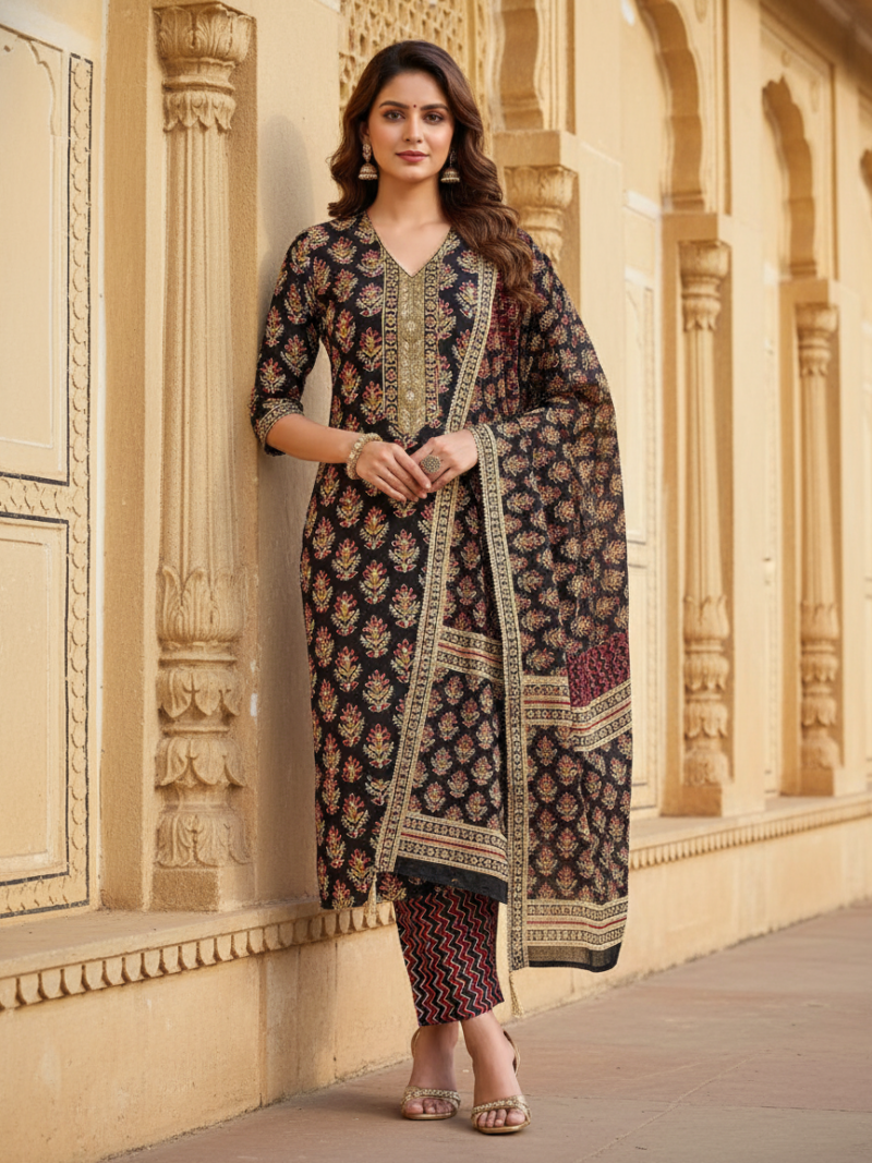 Pure Cotton hand block printed women's dress material with pure cotton dupatta - Brown (Unstitched)