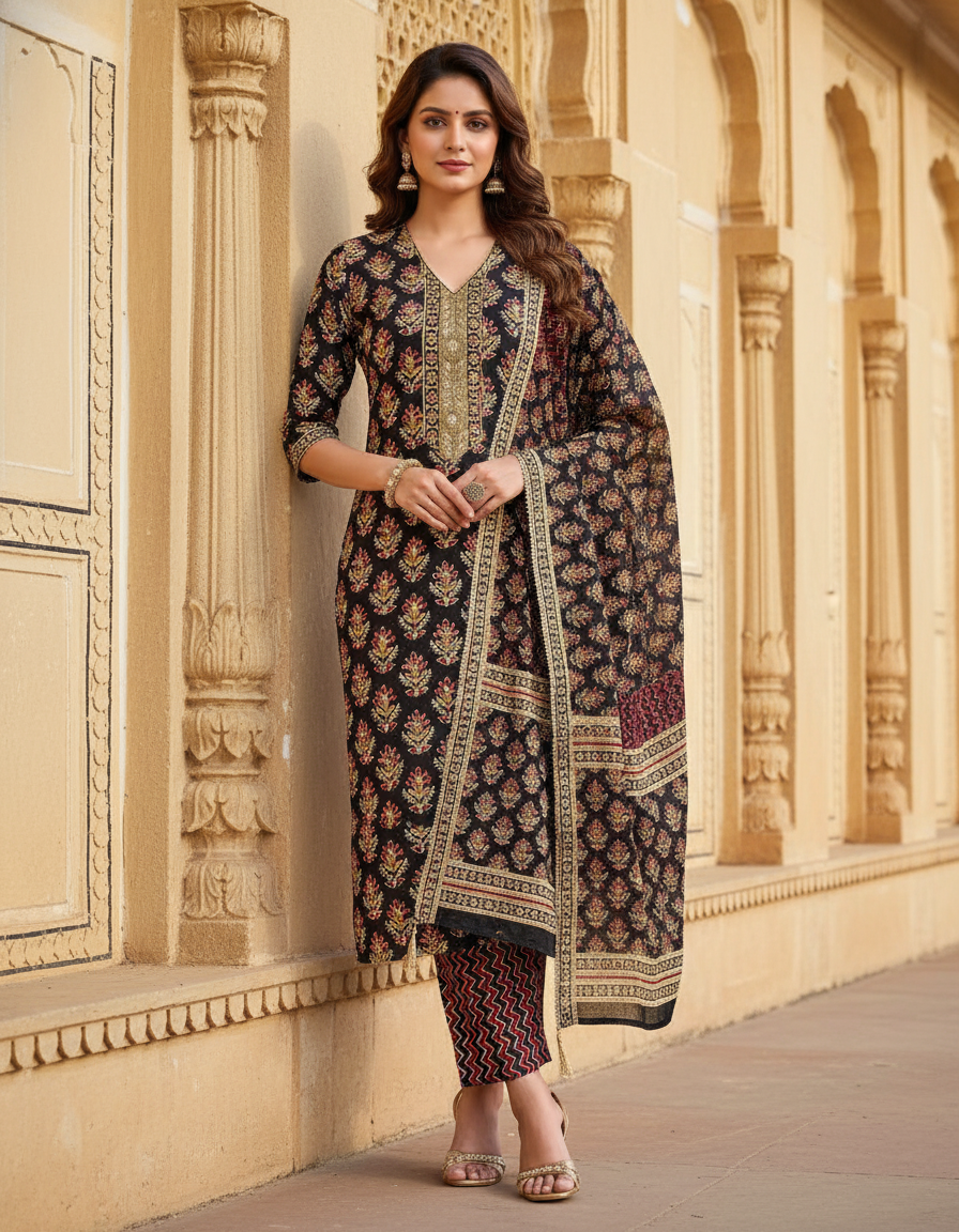 Pure Cotton hand block printed women's dress material with pure cotton dupatta - Brown (Unstitched)