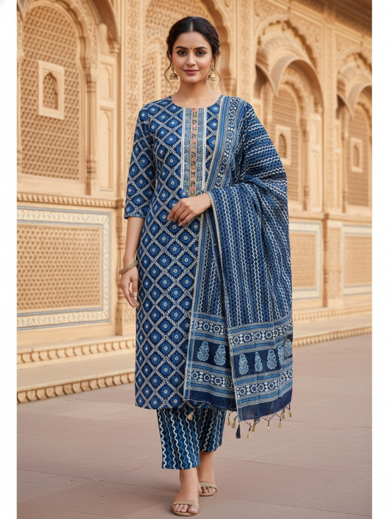 Pure Cotton hand block printed women's dress material with pure cotton dupatta - Indigo (Unstitched)