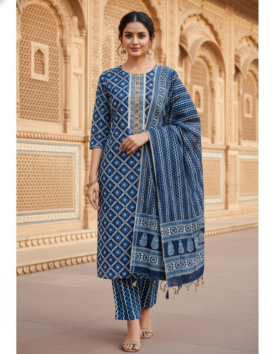 Pure Cotton hand block printed women's dress material with pure cotton dupatta - Indigo (Unstitched)