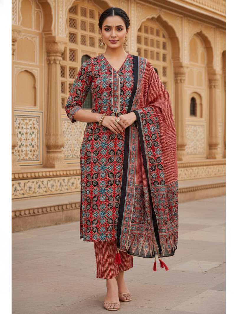 Pure Cotton hand block printed women's dress material with pure cotton dupatta - Brown (Unstitched)