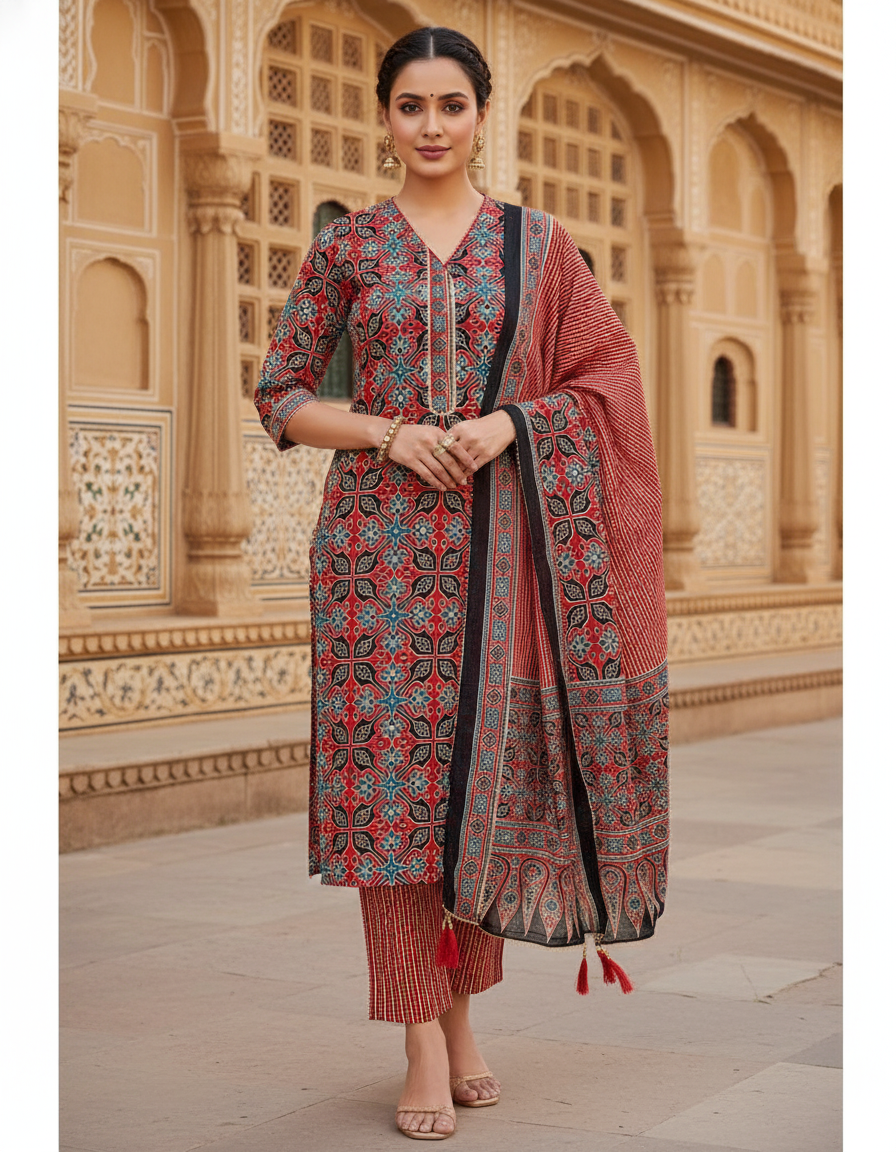 Pure Cotton hand block printed women's dress material with pure cotton dupatta - Brown (Unstitched)