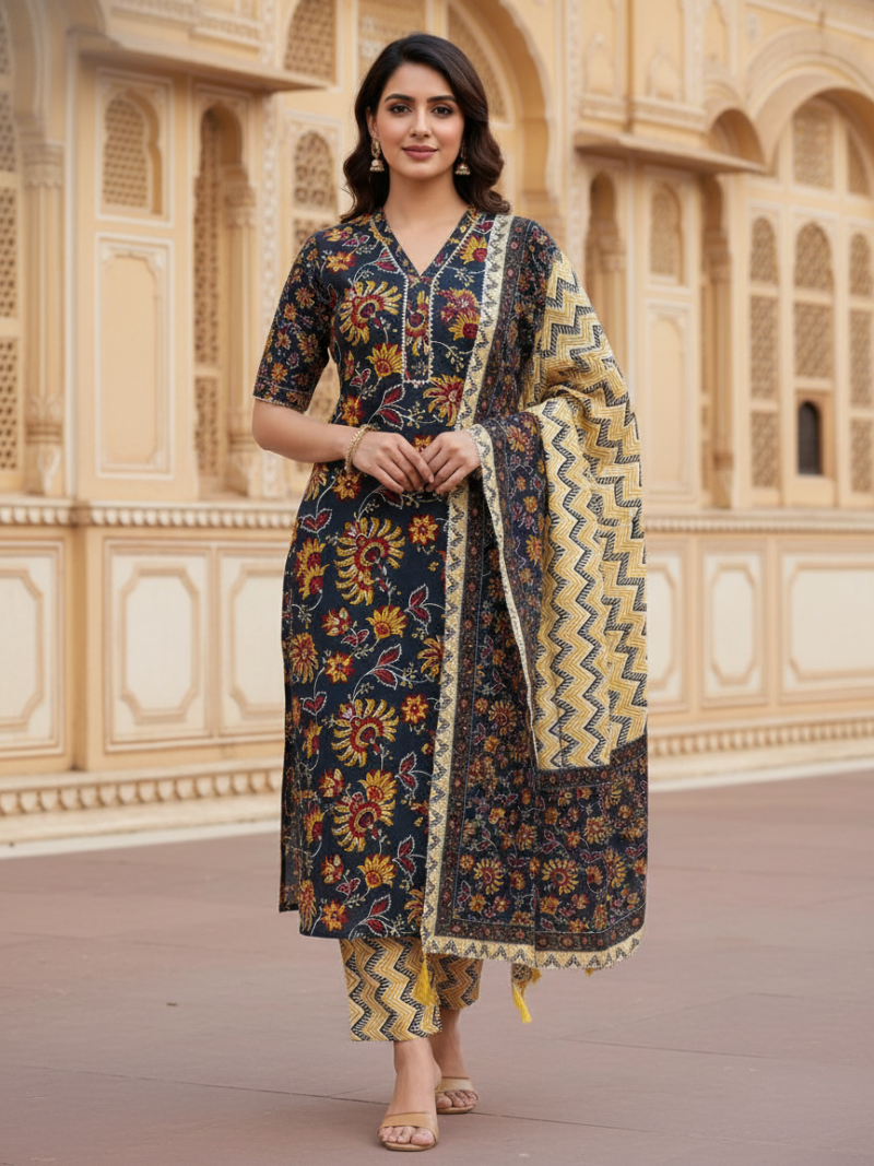 Pure Cotton hand block printed women's dress material with pure cotton dupatta - Grey (Unstitched)