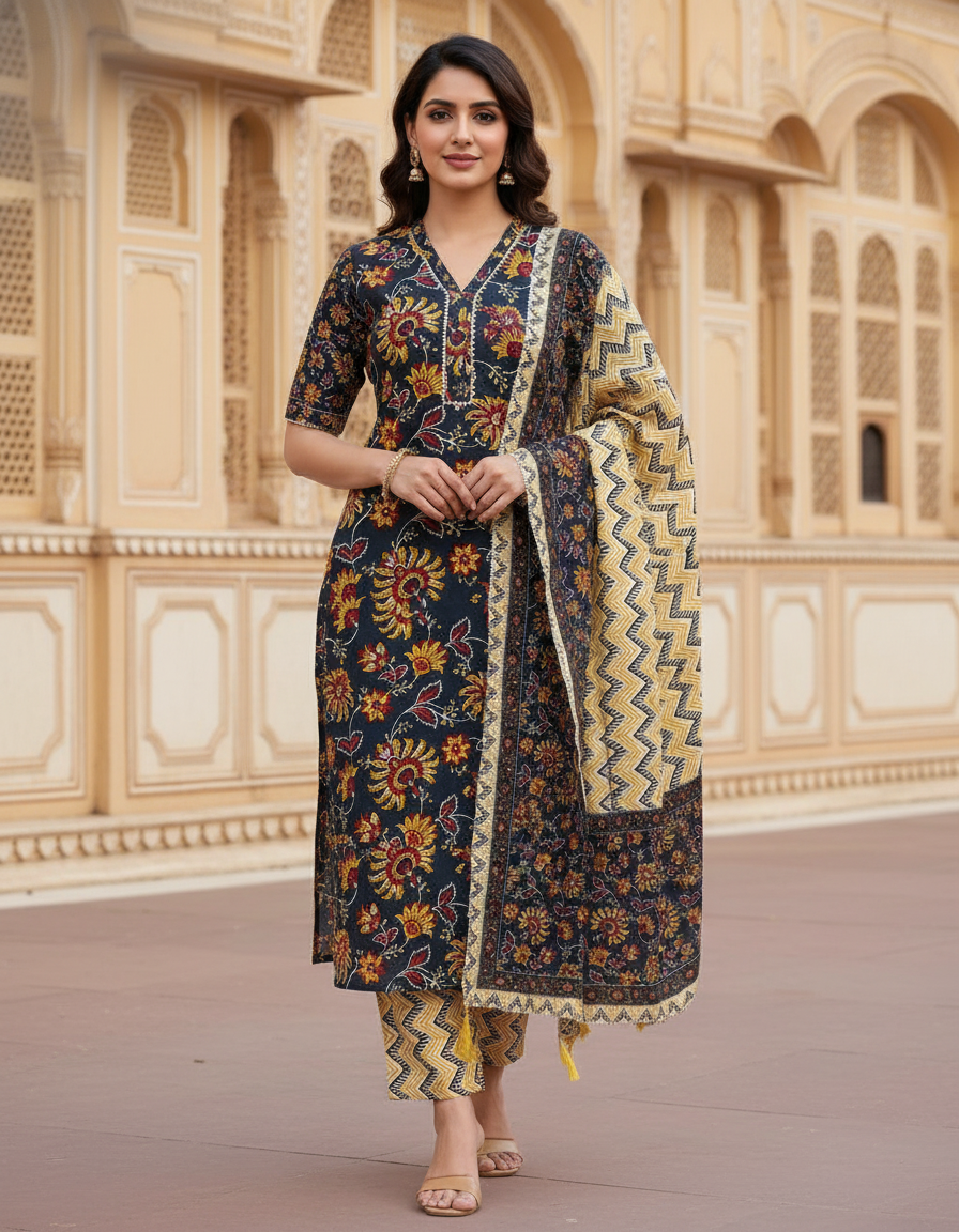 Pure Cotton hand block printed women's dress material with pure cotton dupatta - Grey (Unstitched)
