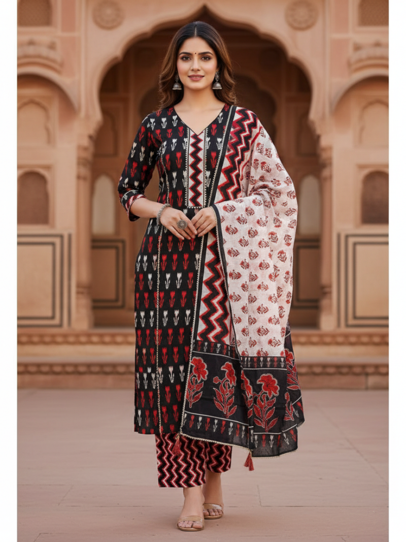 Pure Cotton hand block printed women's dress material with pure cotton dupatta - Black (Unstitched)