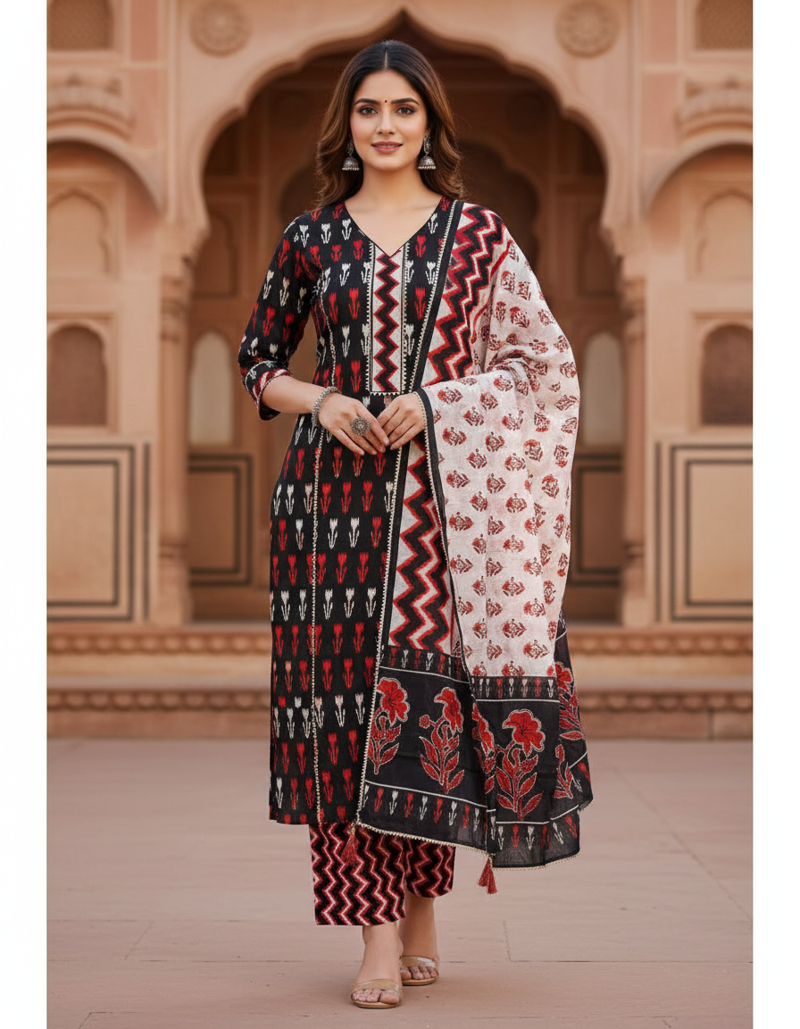 Pure Cotton hand block printed women's dress material with pure cotton dupatta - Black (Unstitched)