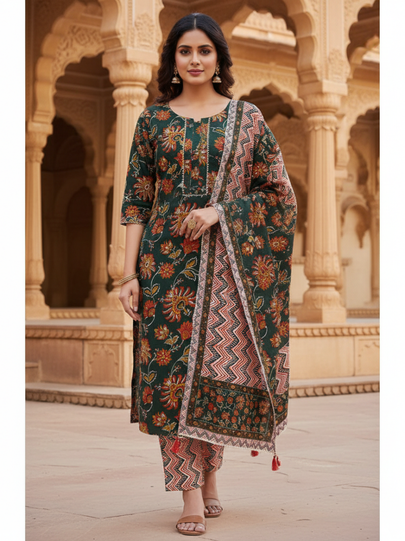 Pure Cotton hand block printed women's dress material with pure cotton dupatta - Green (Unstitched)