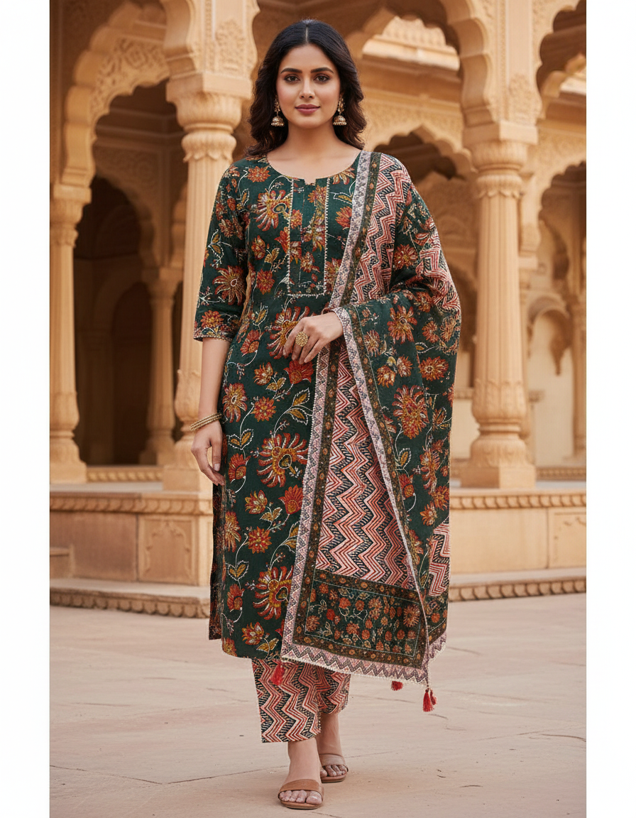 Pure Cotton hand block printed women's dress material with pure cotton dupatta - Green (Unstitched)