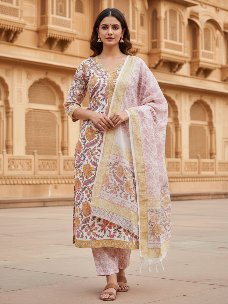 Pure Cotton hand block printed women's dress material with pure chiffon dupatta - White and Pink (Unstitched)