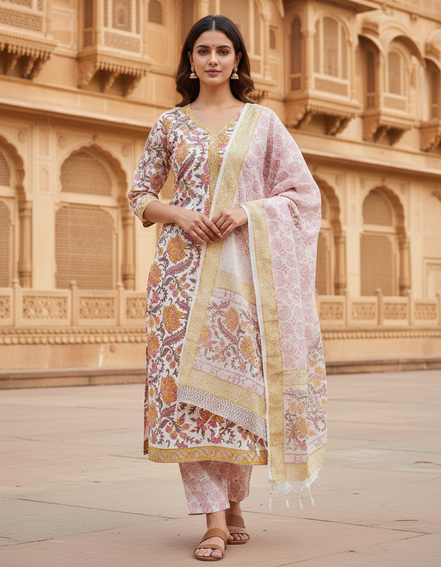 Pure Cotton hand block printed women's dress material with pure chiffon dupatta - White and Pink (Unstitched)