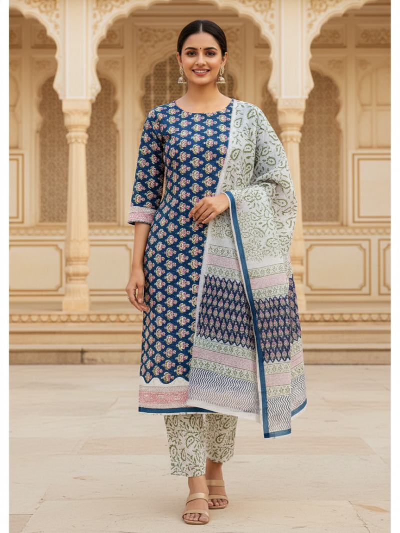 Pure Cotton hand block printed women's dress material with pure chiffon dupatta - Blue and White (Unstitched)