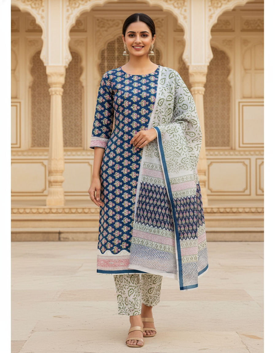 Pure Cotton hand block printed women's dress material with pure chiffon dupatta - Blue and White (Unstitched)
