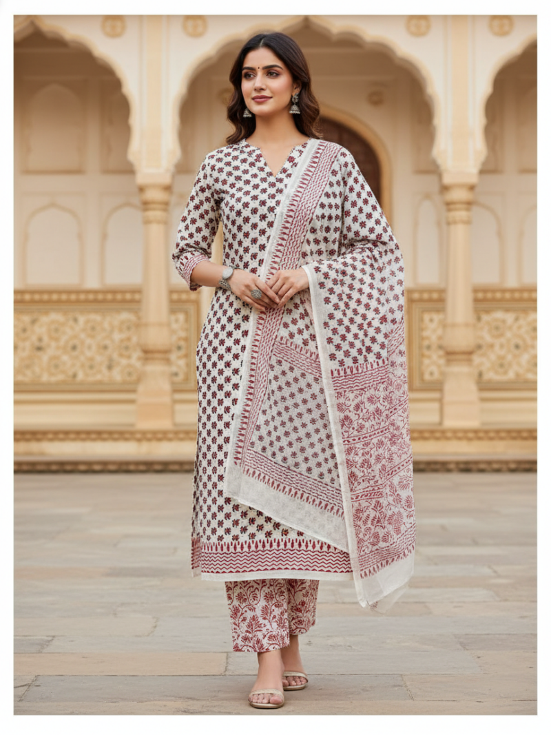 Pure Cotton hand block printed women's dress material with pure chiffon dupatta - White and Red (Unstitched)