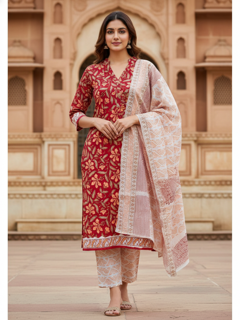 Pure Cotton hand block printed women's dress material with pure chiffon dupatta - Red and White (Unstitched)