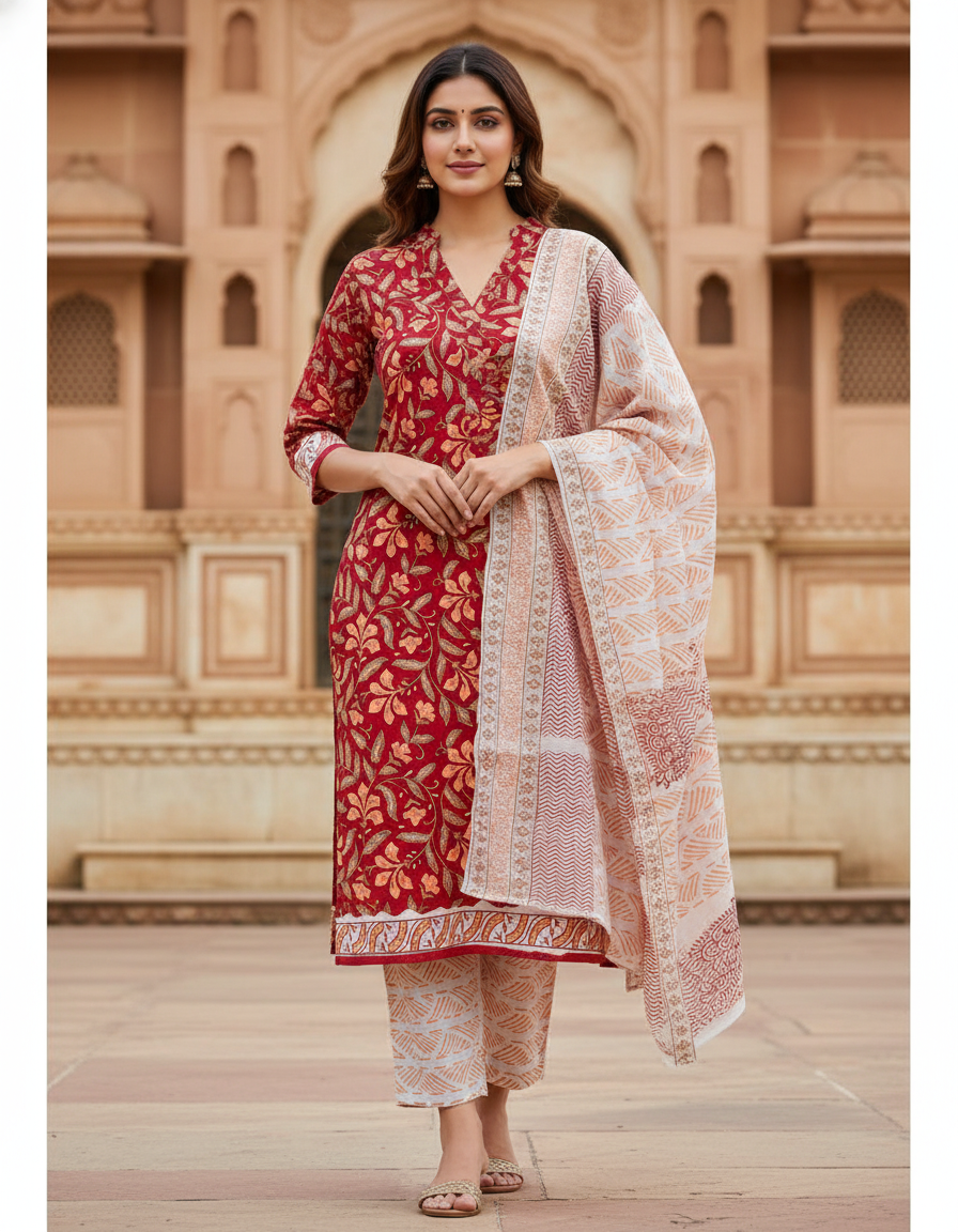 Pure Cotton hand block printed women's dress material with pure chiffon dupatta - Red and White (Unstitched)