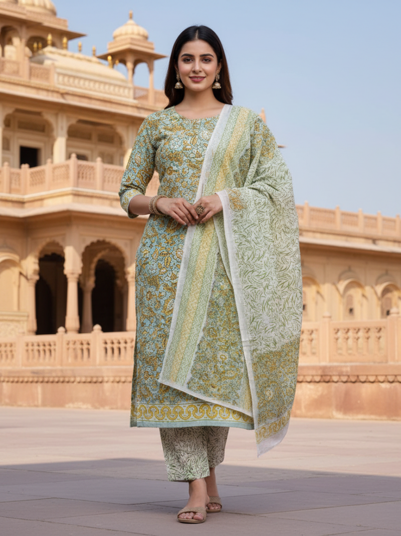 Pure Cotton hand block printed women's dress material with pure chiffon dupatta - Green and White (Unstitched)