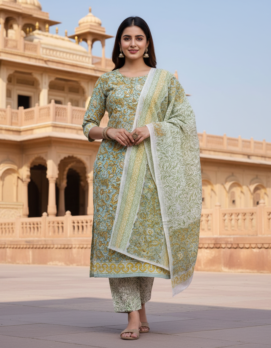 Pure Cotton hand block printed women's dress material with pure chiffon dupatta - Green and White (Unstitched)