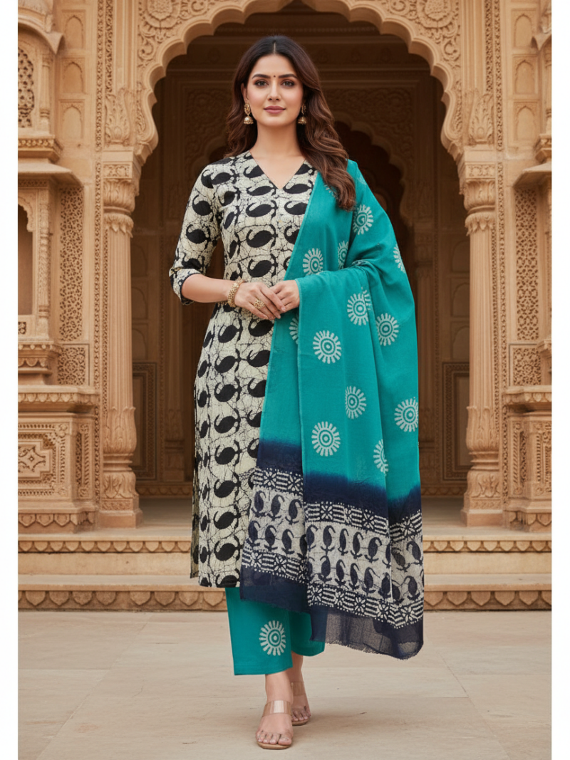 Pure Cotton hand block printed women's dress material with pure chiffon dupatta - Blue (Unstitched)