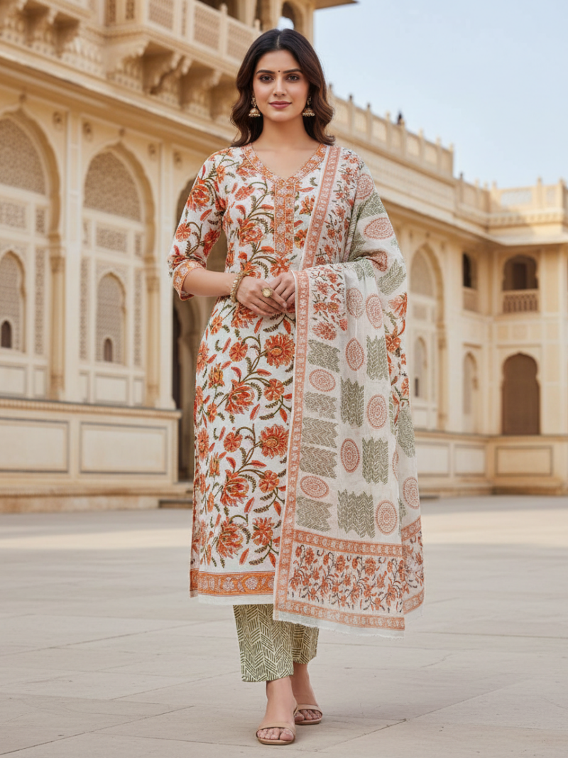 Pure Cotton hand block printed women's dress material with pure chiffon dupatta - Orange (Unstitched)