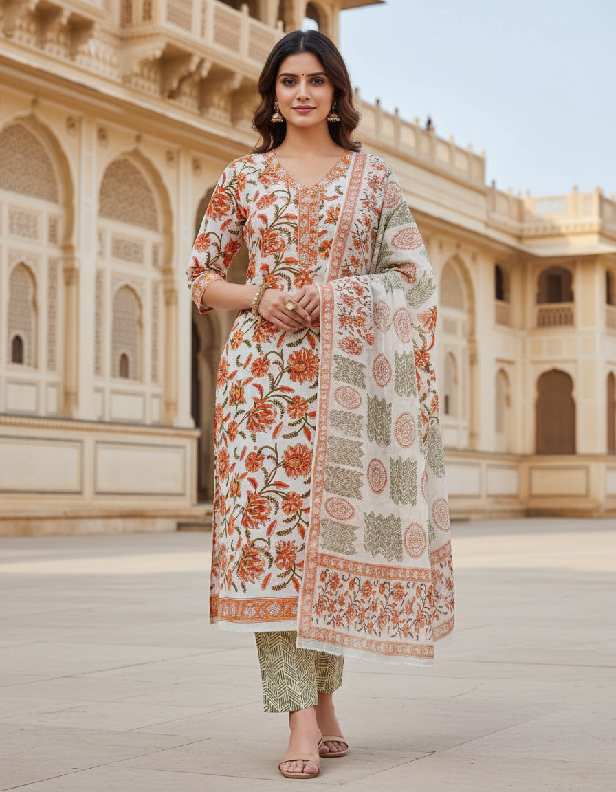 Pure Cotton hand block printed women's dress material with pure chiffon dupatta - Orange (Unstitched)
